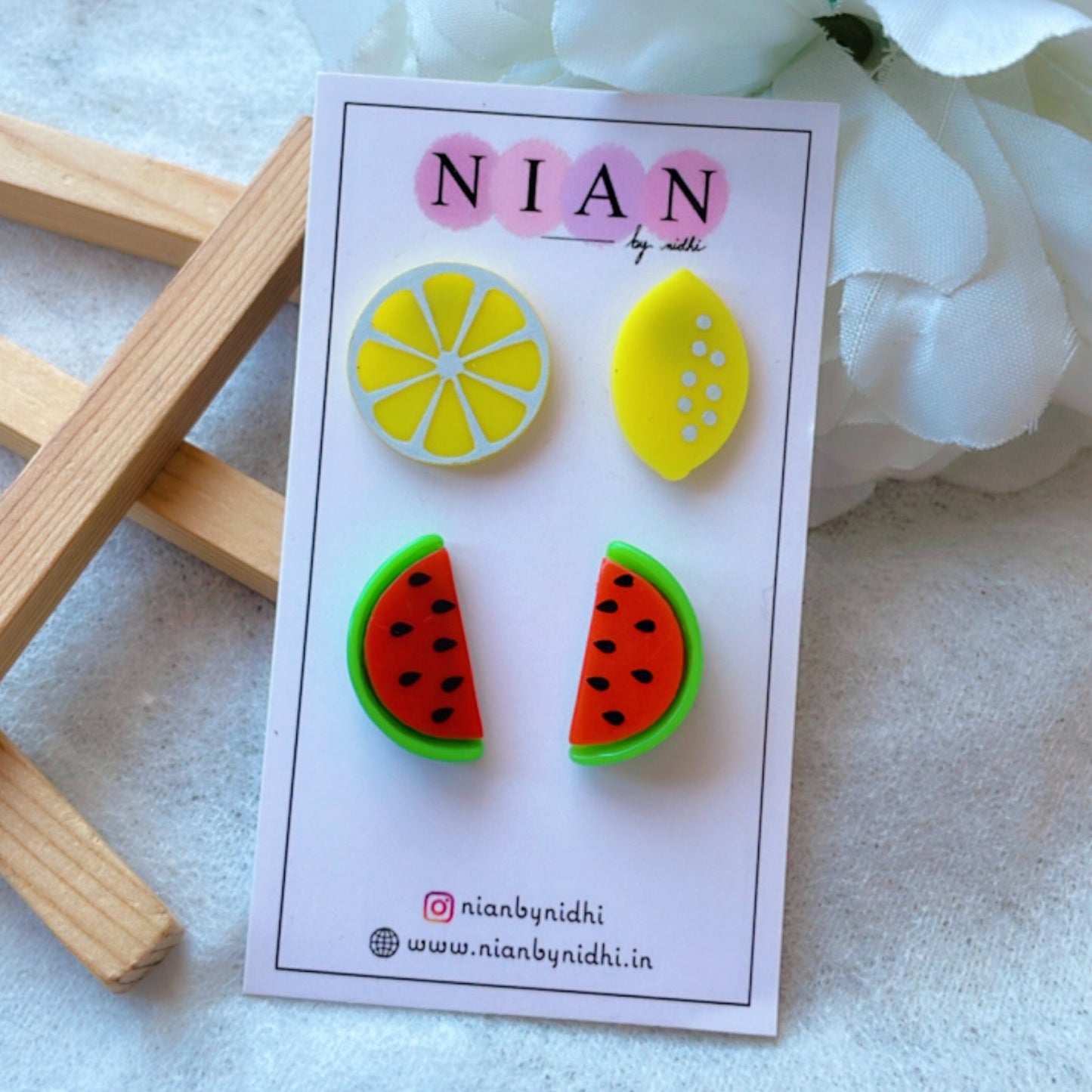 Sweet n Sour Studs (Set of 2) - Yellow, Red, and Green - consists Watermelon Studs and Lemon Studs - Nian by Nidhi - placed in a white and light brown background