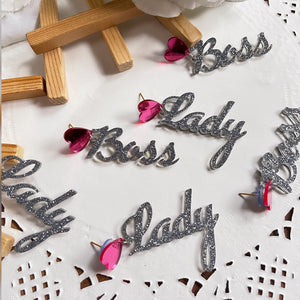 Boss Lady Earrings - Nian by Nidhi - Glossy Pink and Glitter Silver - placed in a white background