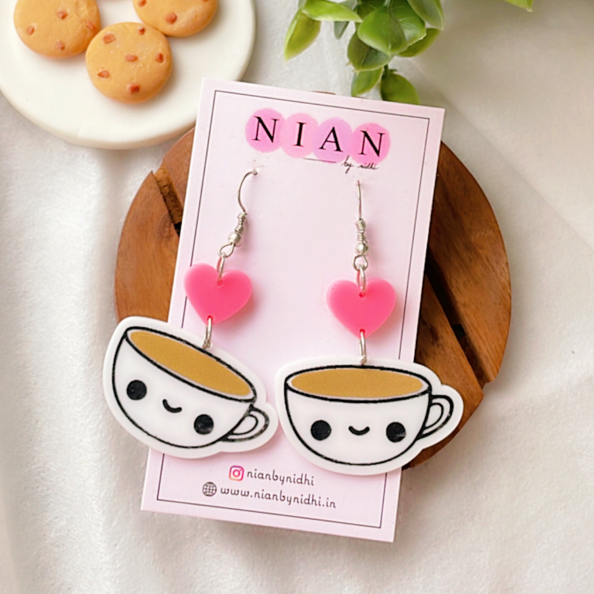 Candid Coffee Earrings - White, Pink & Brown - Nian by Nidhi - placed in a white background with cookies